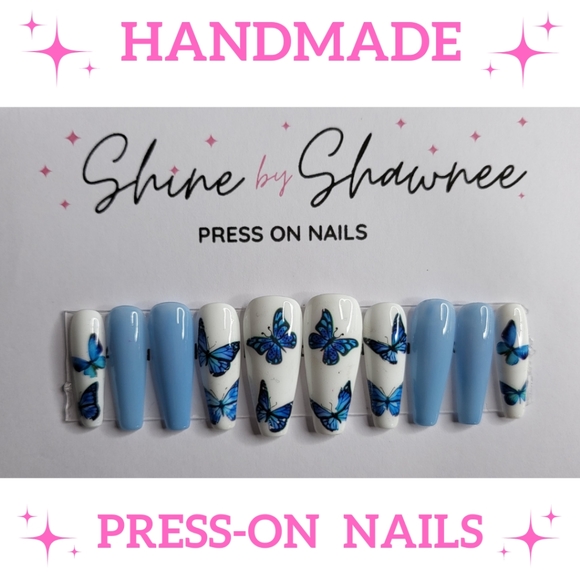 Handmade Luxury Press-On Nails | Sturdy & Reusable | BLUE BUTTERFLIES - Picture 1 of 8